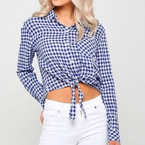 Rails Val Navy Blue White Gingham Check Plaid Tie Front Button Down Sz S